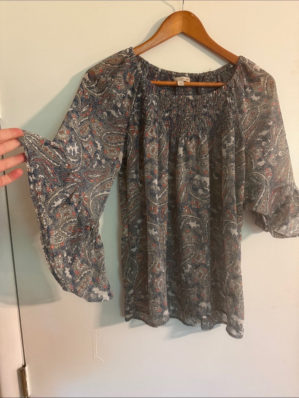 Boho Off-Shoulder Paisley Blouse in Navy and Cream